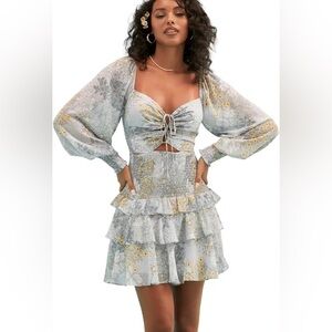 Astr the Label Smocked Floral Dress in Gray Blue and Yellow